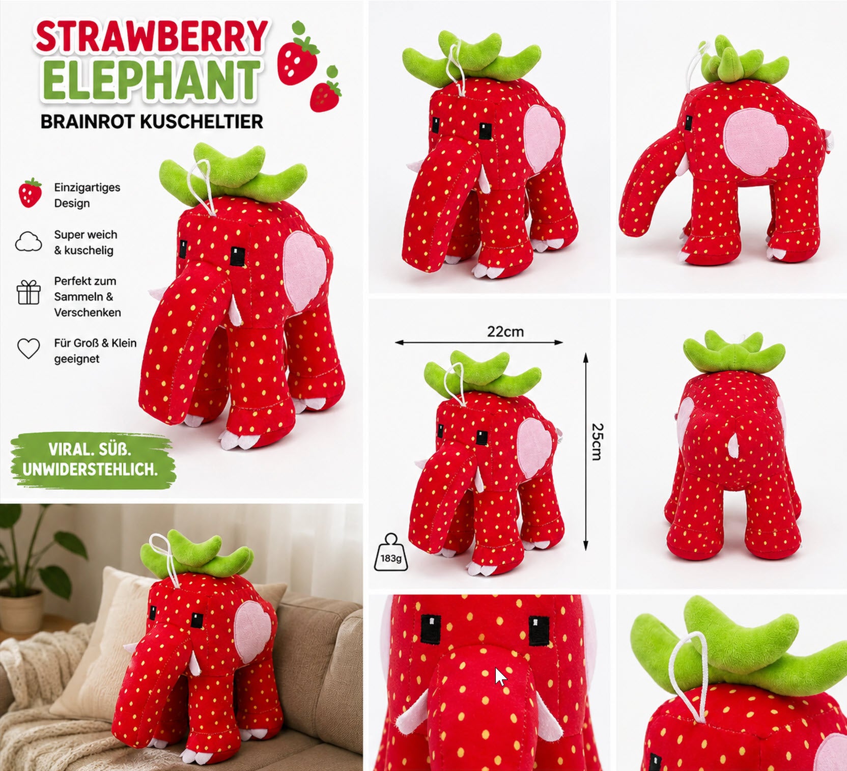 Strawberry Elephant Brainrot Stoff-Figur